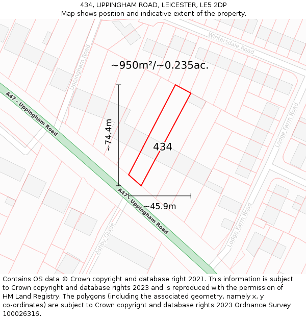 434, UPPINGHAM ROAD, LEICESTER, LE5 2DP: Plot and title map