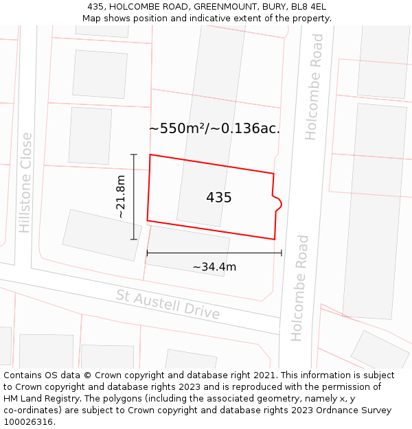 435, HOLCOMBE ROAD, GREENMOUNT, BURY, BL8 4EL: Plot and title map