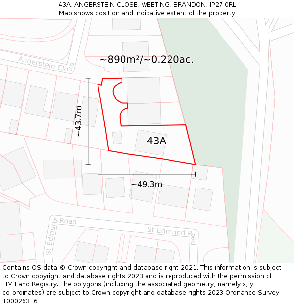 43A, ANGERSTEIN CLOSE, WEETING, BRANDON, IP27 0RL: Plot and title map