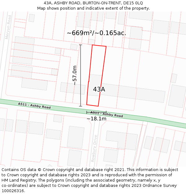 43A, ASHBY ROAD, BURTON-ON-TRENT, DE15 0LQ: Plot and title map
