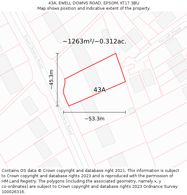 43A, EWELL DOWNS ROAD, EPSOM, KT17 3BU: Plot and title map