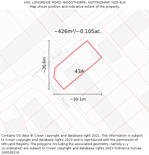 43A, LONGRIDGE ROAD, WOODTHORPE, NOTTINGHAM, NG5 4LA: Plot and title map