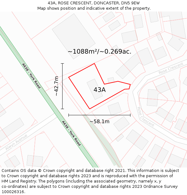 43A, ROSE CRESCENT, DONCASTER, DN5 9EW: Plot and title map
