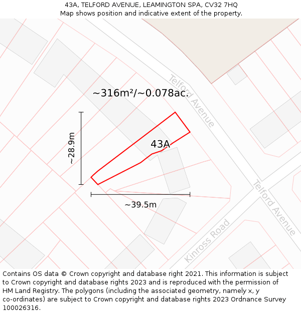 43A, TELFORD AVENUE, LEAMINGTON SPA, CV32 7HQ: Plot and title map