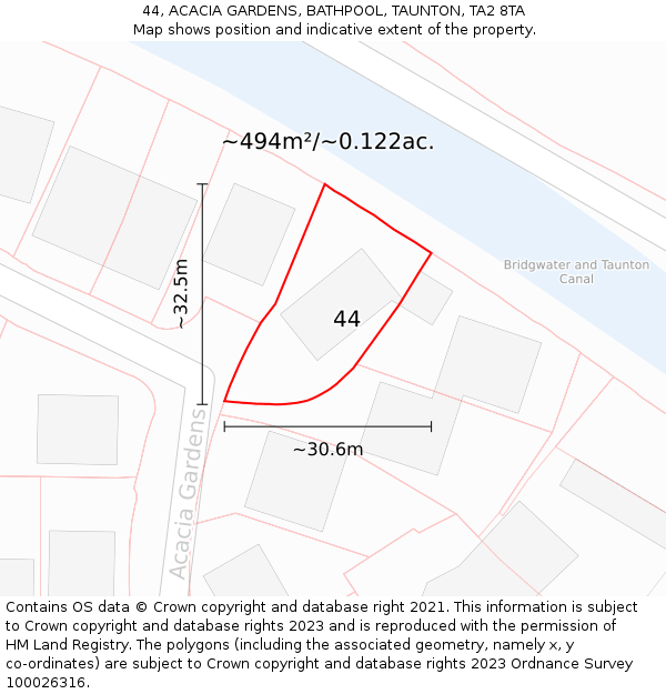 44, ACACIA GARDENS, BATHPOOL, TAUNTON, TA2 8TA: Plot and title map