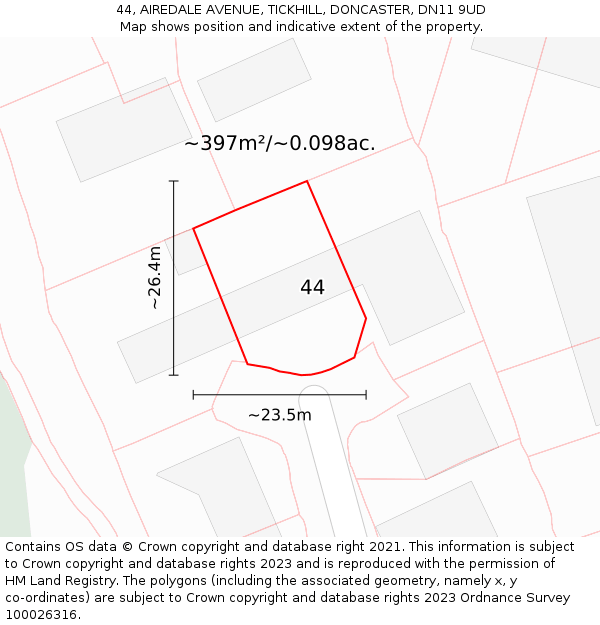 44, AIREDALE AVENUE, TICKHILL, DONCASTER, DN11 9UD: Plot and title map