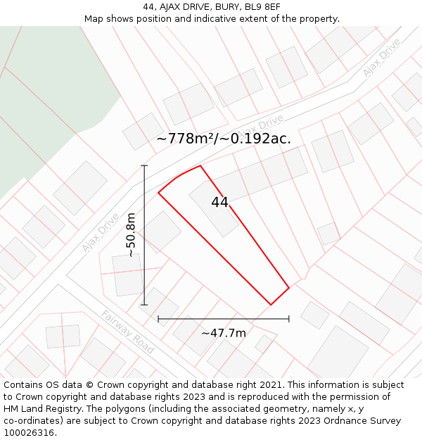 44, AJAX DRIVE, BURY, BL9 8EF: Plot and title map