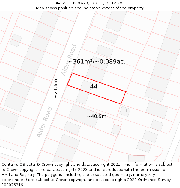 44, ALDER ROAD, POOLE, BH12 2AE: Plot and title map
