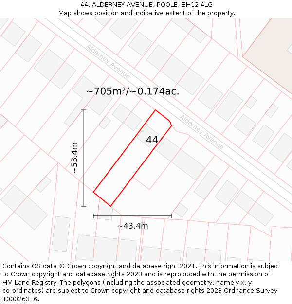 44, ALDERNEY AVENUE, POOLE, BH12 4LG: Plot and title map