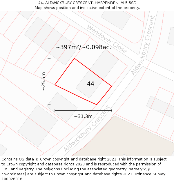 44, ALDWICKBURY CRESCENT, HARPENDEN, AL5 5SD: Plot and title map