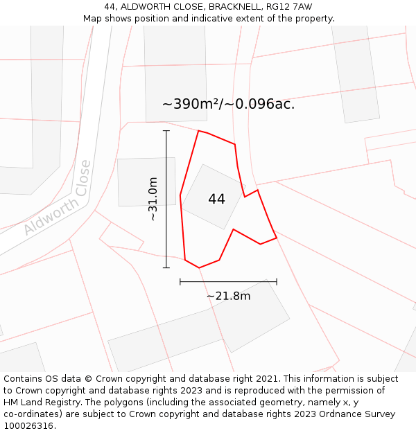 44, ALDWORTH CLOSE, BRACKNELL, RG12 7AW: Plot and title map