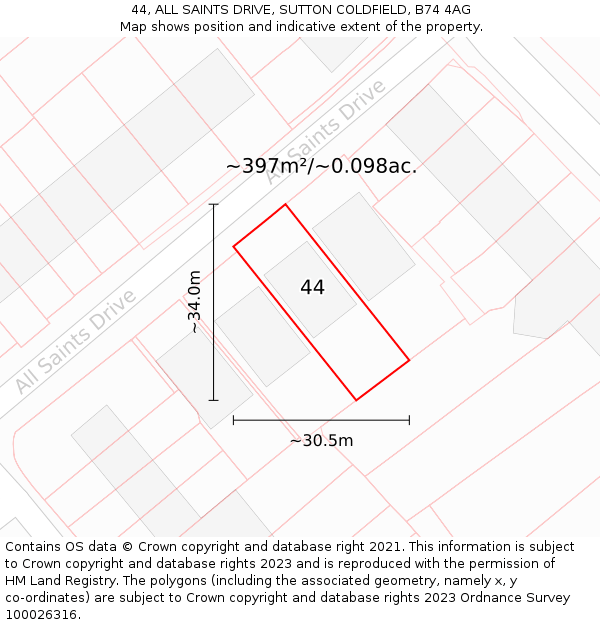 44, ALL SAINTS DRIVE, SUTTON COLDFIELD, B74 4AG: Plot and title map