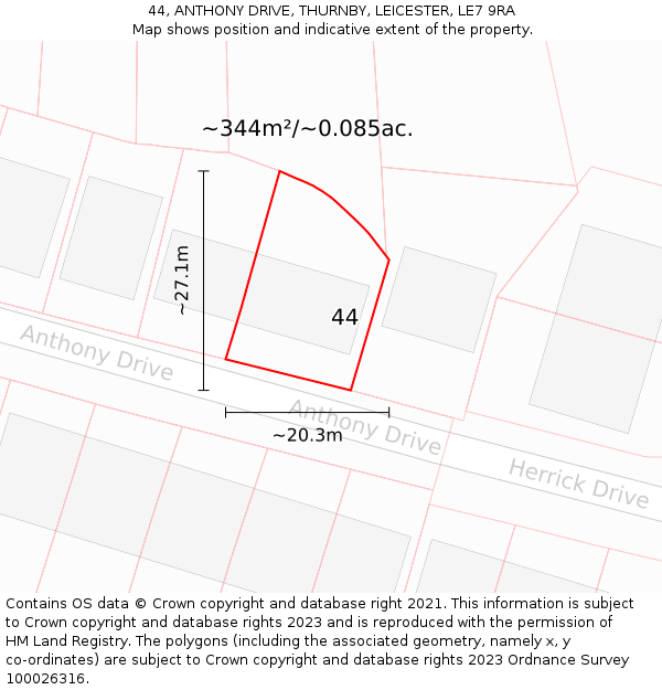 44, ANTHONY DRIVE, THURNBY, LEICESTER, LE7 9RA: Plot and title map
