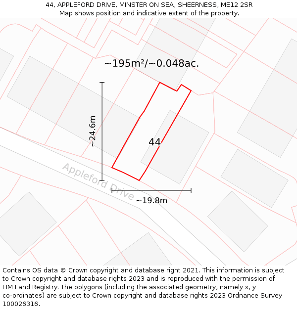 44, APPLEFORD DRIVE, MINSTER ON SEA, SHEERNESS, ME12 2SR: Plot and title map