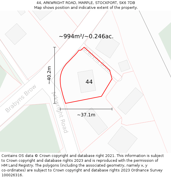 44, ARKWRIGHT ROAD, MARPLE, STOCKPORT, SK6 7DB: Plot and title map