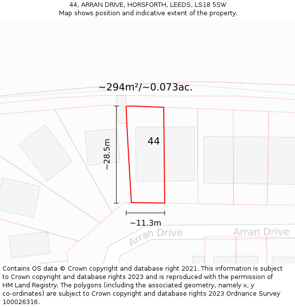 44, ARRAN DRIVE, HORSFORTH, LEEDS, LS18 5SW: Plot and title map