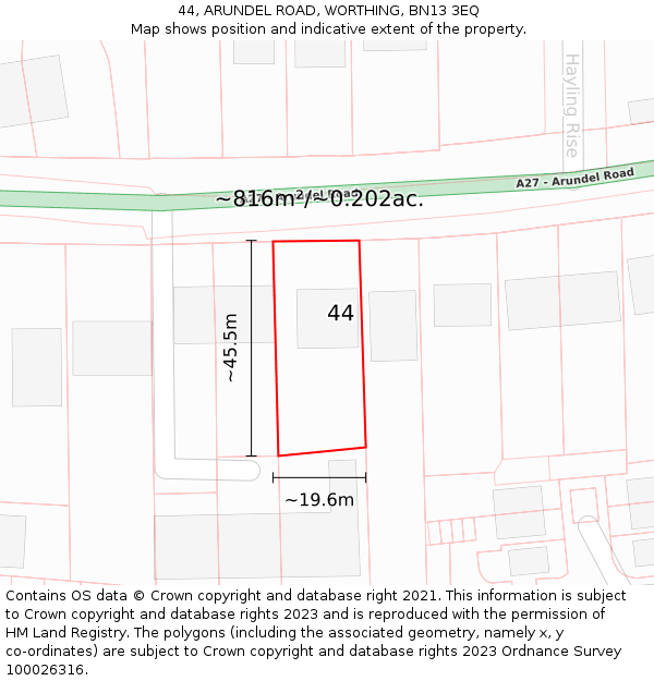 44, ARUNDEL ROAD, WORTHING, BN13 3EQ: Plot and title map