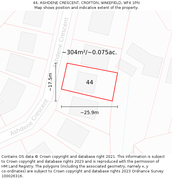 44, ASHDENE CRESCENT, CROFTON, WAKEFIELD, WF4 1PN: Plot and title map