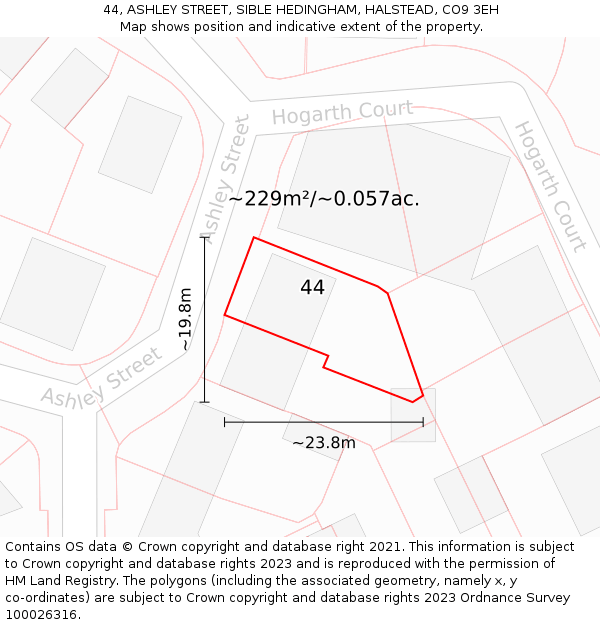 44, ASHLEY STREET, SIBLE HEDINGHAM, HALSTEAD, CO9 3EH: Plot and title map