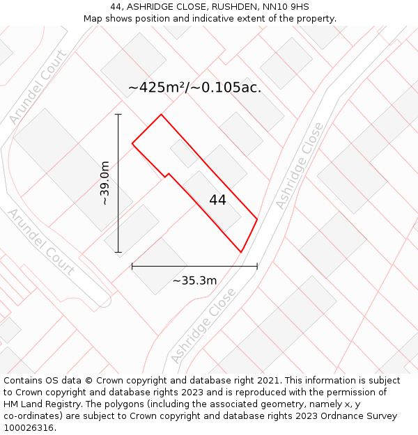 44, ASHRIDGE CLOSE, RUSHDEN, NN10 9HS: Plot and title map