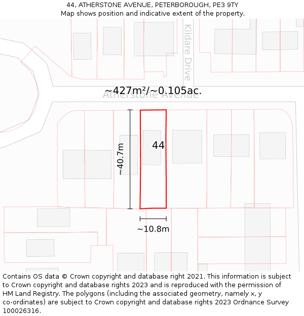 44, ATHERSTONE AVENUE, PETERBOROUGH, PE3 9TY: Plot and title map