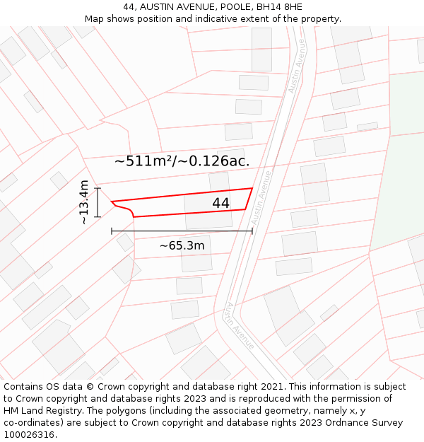 44, AUSTIN AVENUE, POOLE, BH14 8HE: Plot and title map