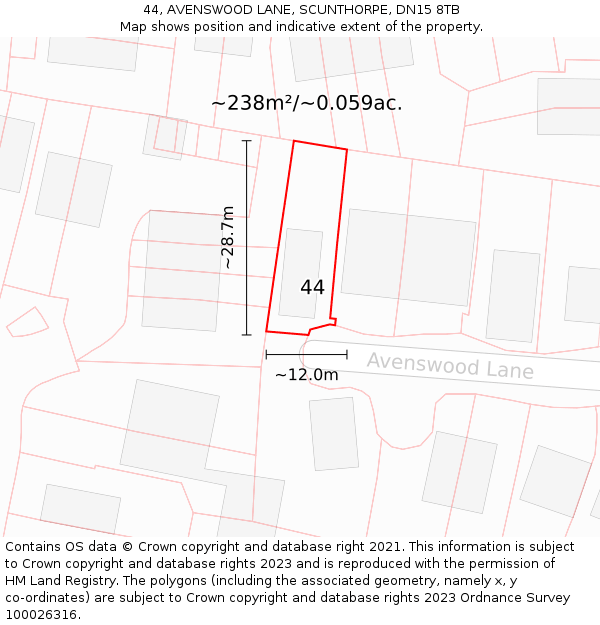 44, AVENSWOOD LANE, SCUNTHORPE, DN15 8TB: Plot and title map