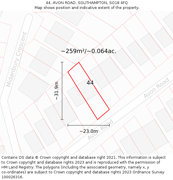 44, AVON ROAD, SOUTHAMPTON, SO18 4FQ: Plot and title map
