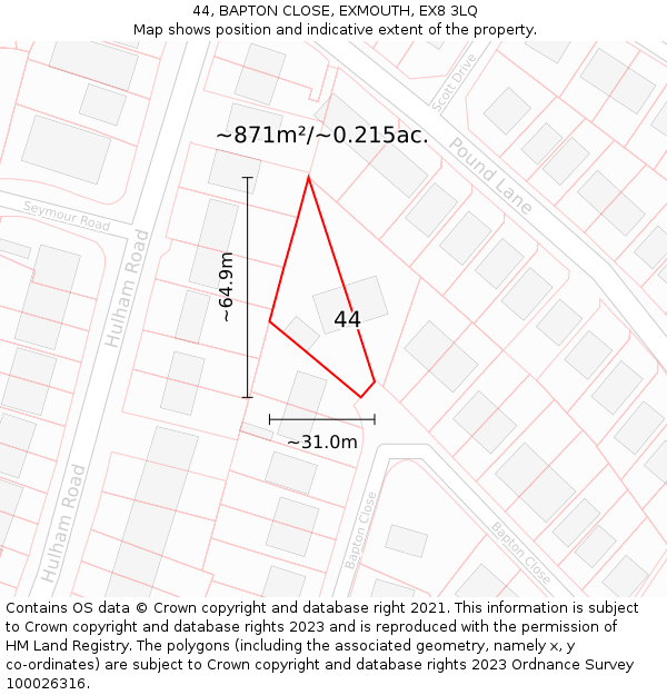44, BAPTON CLOSE, EXMOUTH, EX8 3LQ: Plot and title map
