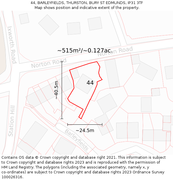 44, BARLEYFIELDS, THURSTON, BURY ST EDMUNDS, IP31 3TF: Plot and title map