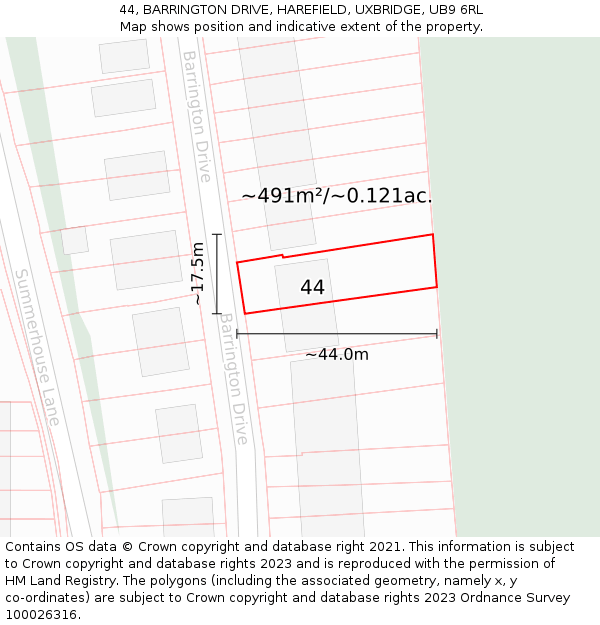 44, BARRINGTON DRIVE, HAREFIELD, UXBRIDGE, UB9 6RL: Plot and title map