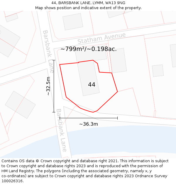 44, BARSBANK LANE, LYMM, WA13 9NG: Plot and title map