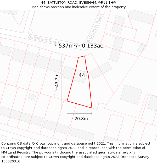44, BATTLETON ROAD, EVESHAM, WR11 1HW: Plot and title map
