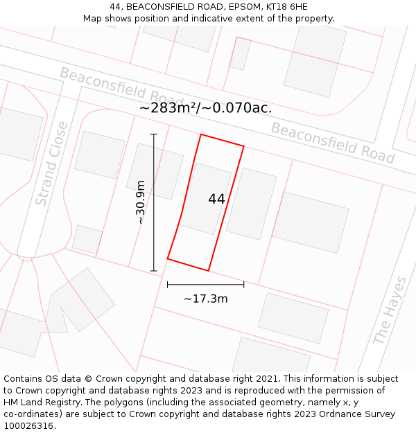 44, BEACONSFIELD ROAD, EPSOM, KT18 6HE: Plot and title map
