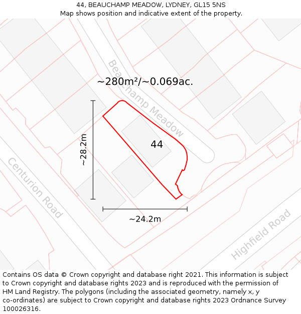 44, BEAUCHAMP MEADOW, LYDNEY, GL15 5NS: Plot and title map
