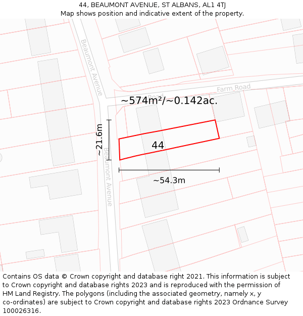 44, BEAUMONT AVENUE, ST ALBANS, AL1 4TJ: Plot and title map