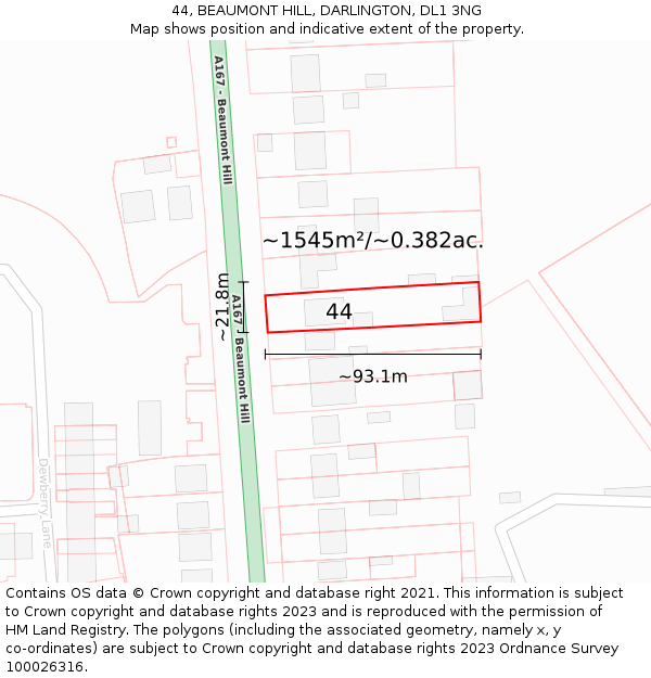 44, BEAUMONT HILL, DARLINGTON, DL1 3NG: Plot and title map