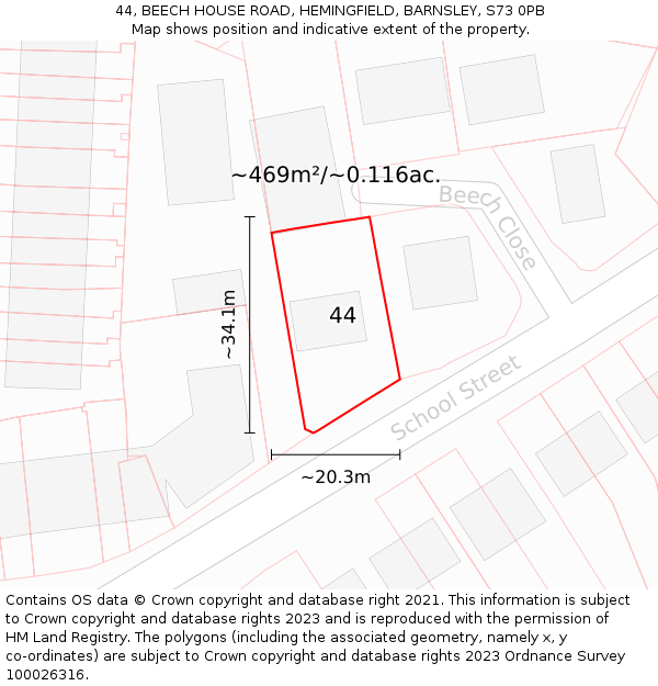 44, BEECH HOUSE ROAD, HEMINGFIELD, BARNSLEY, S73 0PB: Plot and title map