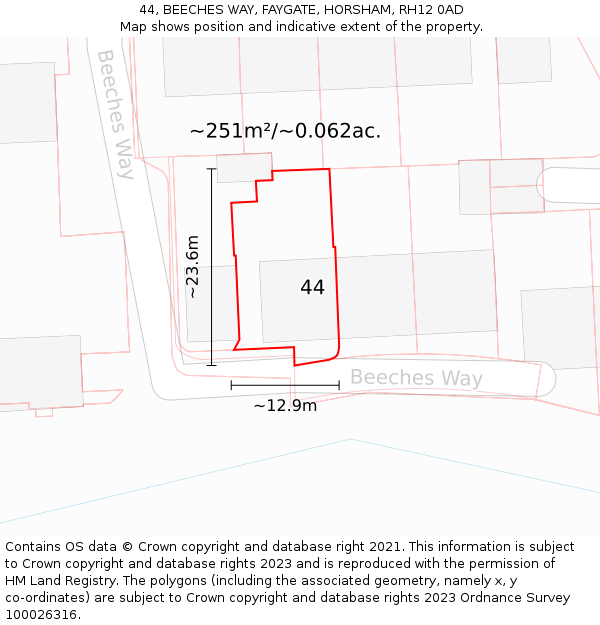 44, BEECHES WAY, FAYGATE, HORSHAM, RH12 0AD: Plot and title map