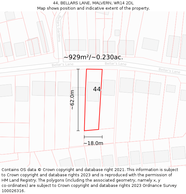 44, BELLARS LANE, MALVERN, WR14 2DL: Plot and title map