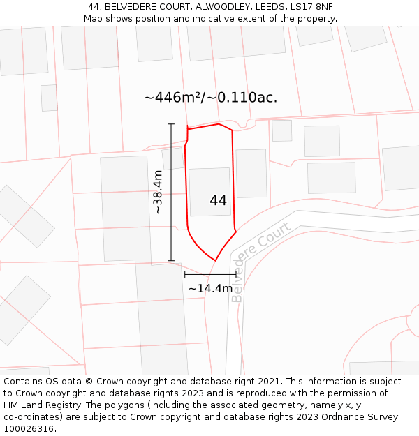 44, BELVEDERE COURT, ALWOODLEY, LEEDS, LS17 8NF: Plot and title map