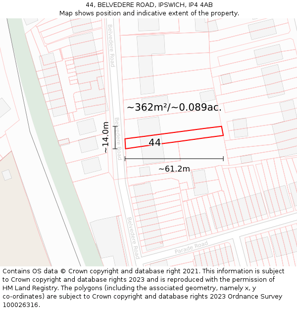44, BELVEDERE ROAD, IPSWICH, IP4 4AB: Plot and title map