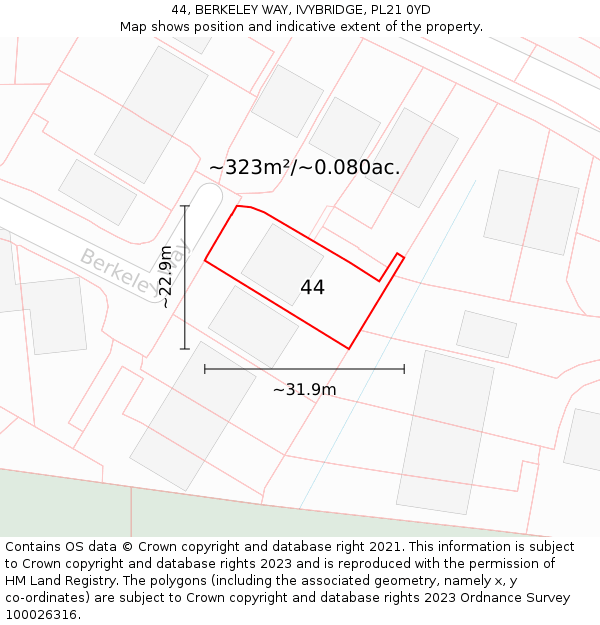 44, BERKELEY WAY, IVYBRIDGE, PL21 0YD: Plot and title map