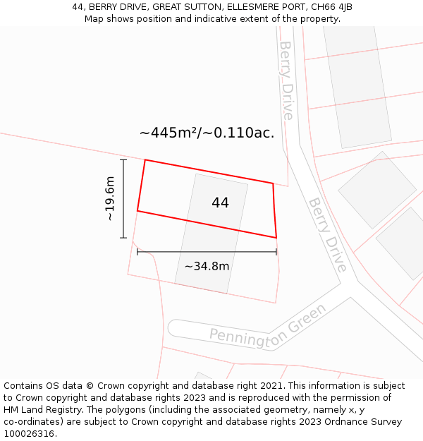 44, BERRY DRIVE, GREAT SUTTON, ELLESMERE PORT, CH66 4JB: Plot and title map