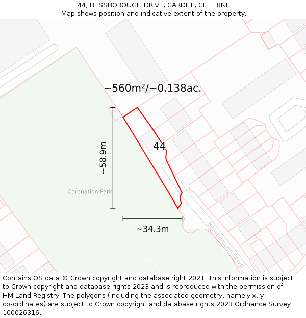 44, BESSBOROUGH DRIVE, CARDIFF, CF11 8NE: Plot and title map