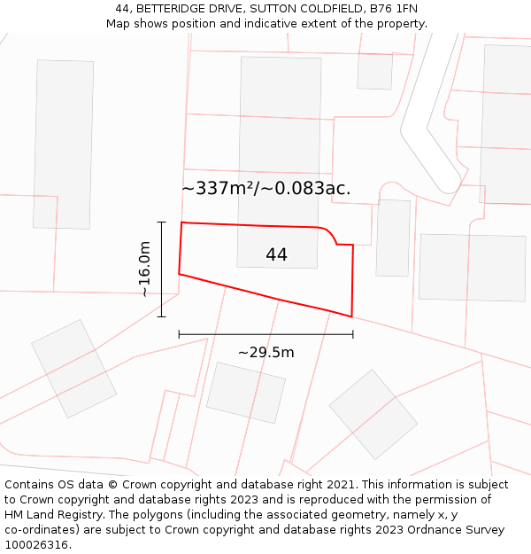 44, BETTERIDGE DRIVE, SUTTON COLDFIELD, B76 1FN: Plot and title map