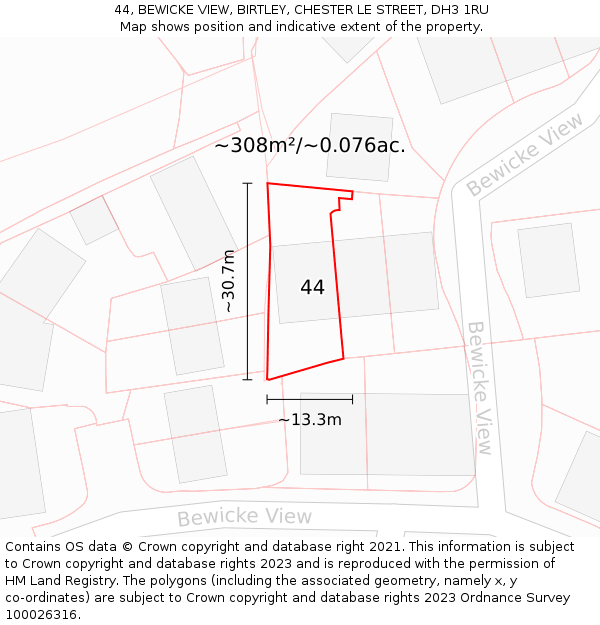 44, BEWICKE VIEW, BIRTLEY, CHESTER LE STREET, DH3 1RU: Plot and title map