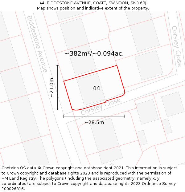 44, BIDDESTONE AVENUE, COATE, SWINDON, SN3 6BJ: Plot and title map