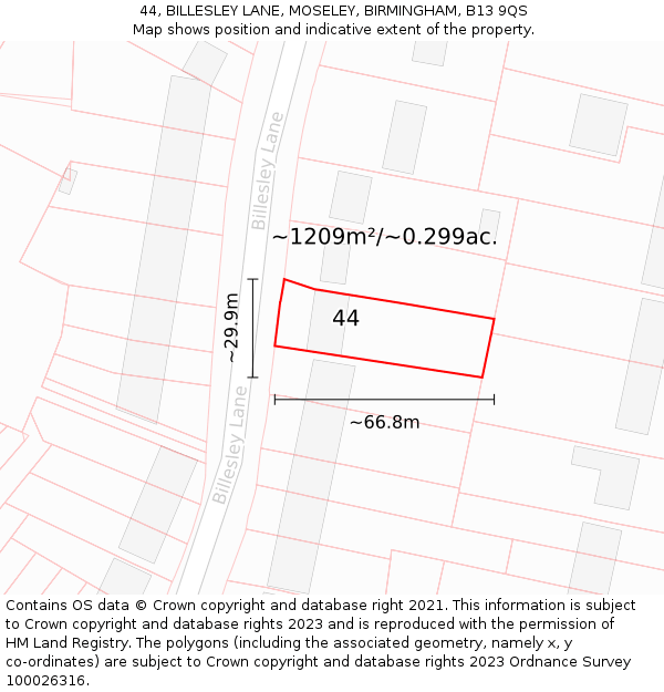 44, BILLESLEY LANE, MOSELEY, BIRMINGHAM, B13 9QS: Plot and title map