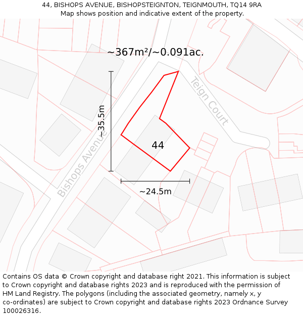 44, BISHOPS AVENUE, BISHOPSTEIGNTON, TEIGNMOUTH, TQ14 9RA: Plot and title map